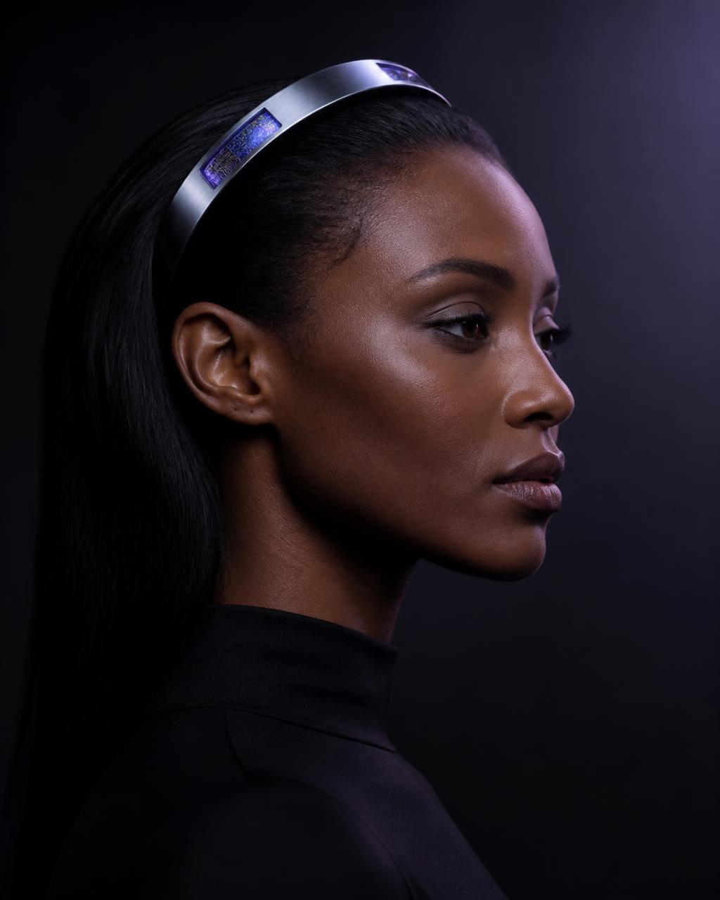 Side profile of a woman wearing the Mantis neural headband over her hair